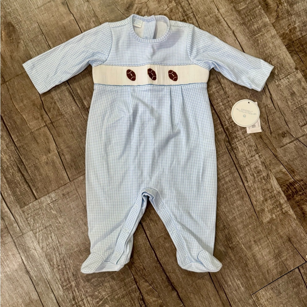 NWT Edgehill Collection Baby Football Smocked Footie 9M Blue Gingham Cotton